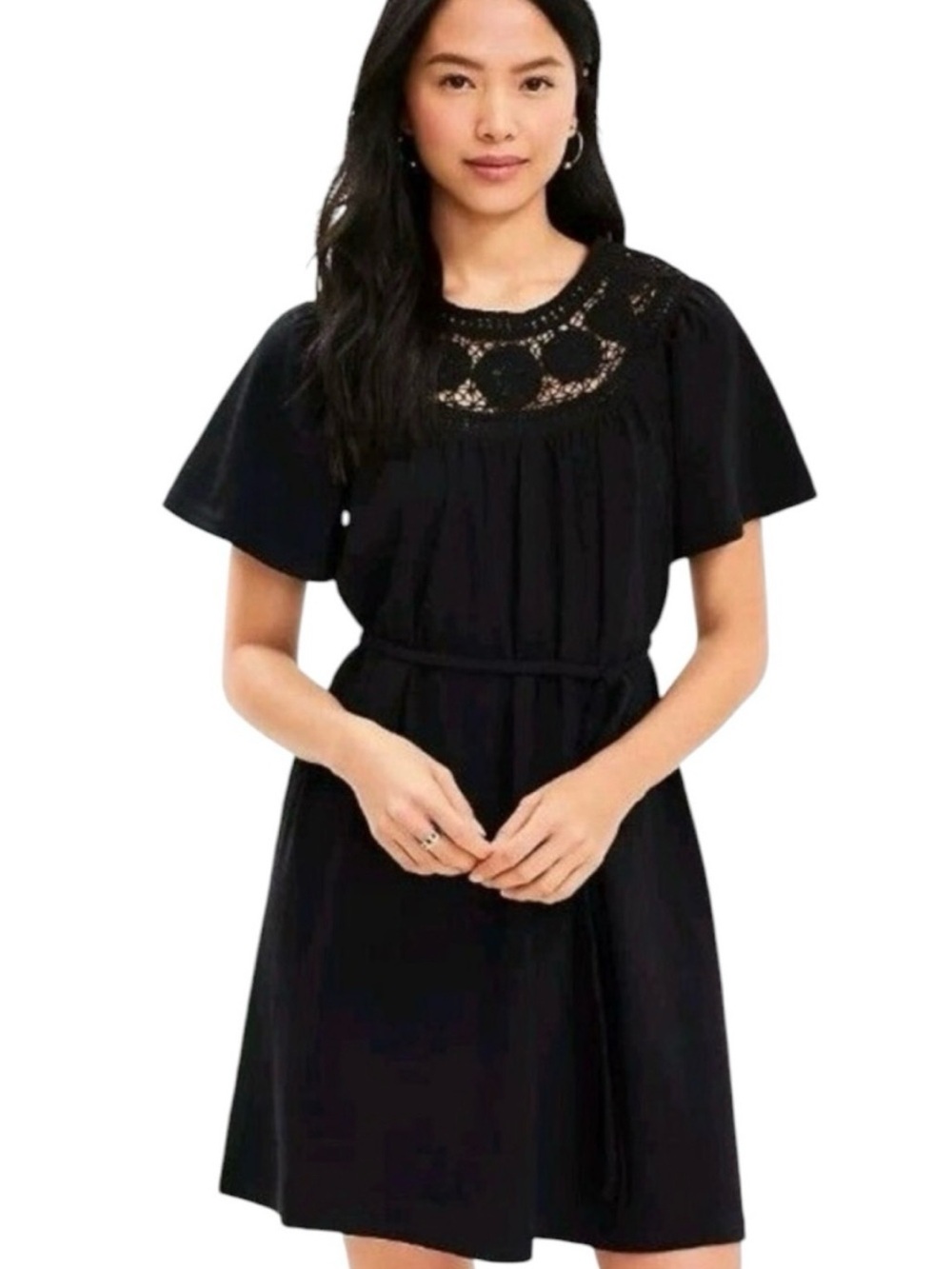 LOFT Black Short-Sleeve Dress with Crochet Yoke